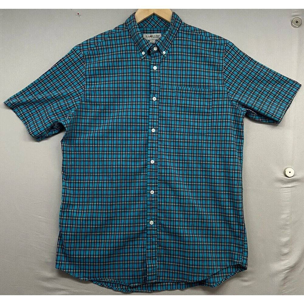 Sun River Button Down Shirt Mens LARGE -Short‎ Sleeve-Casual Dress-Plaid-Stretch
